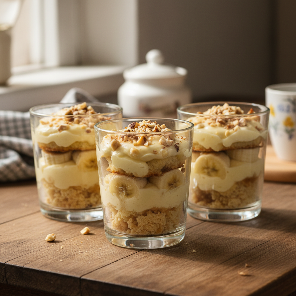 Kremasti desert u čaši s bananom i lješnjacima
