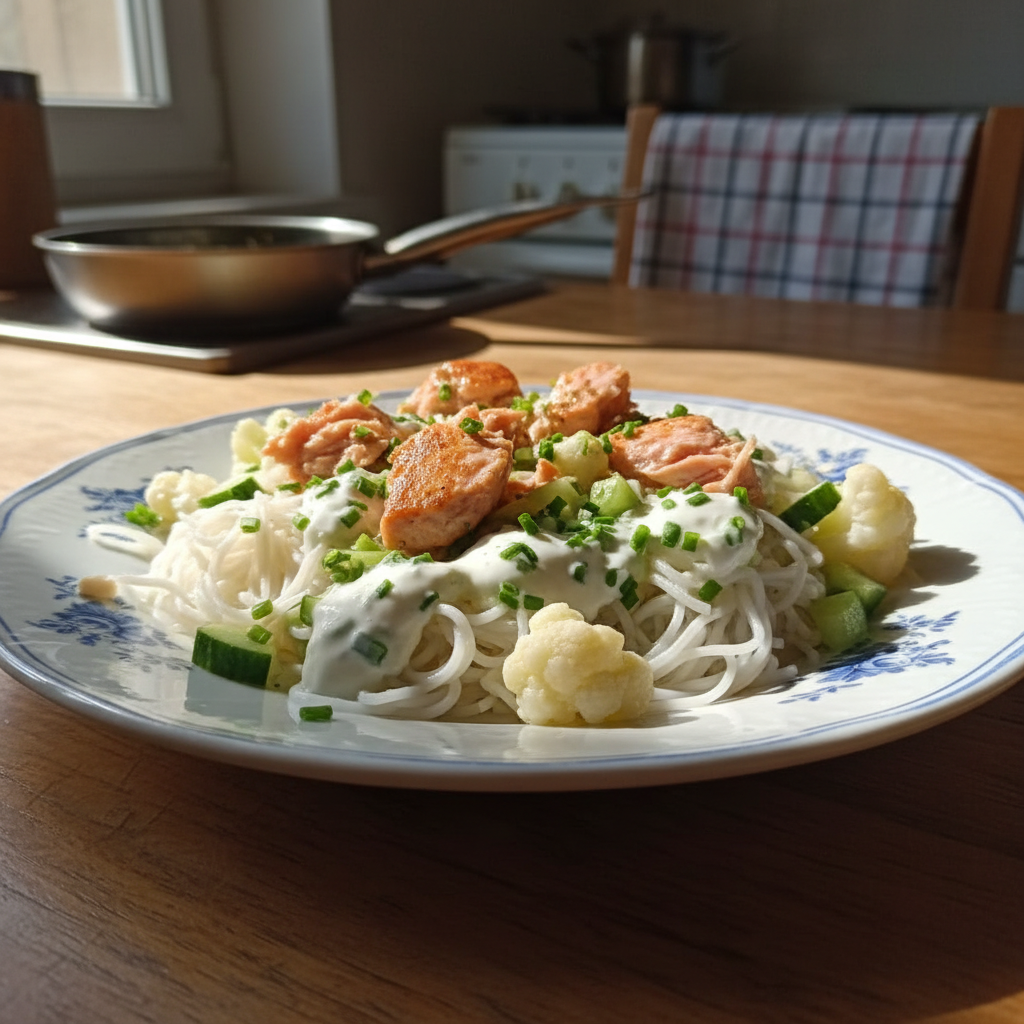 Salata s lososom, rižinim rezancima i cvjetačom