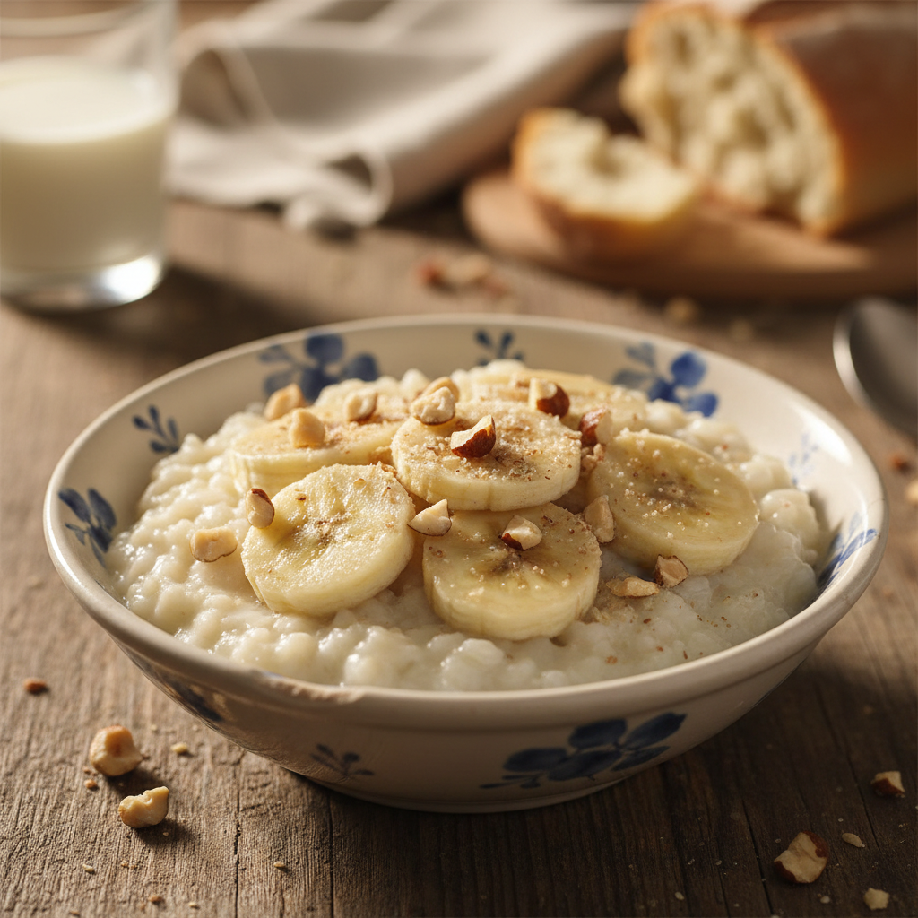 Riža na mlijeku s bananom i lješnjacima