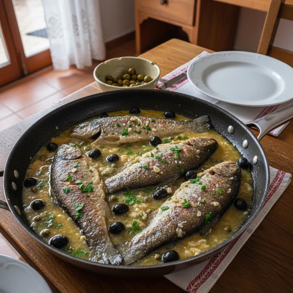 Pastrva u bijelom vinu s kaparima i maslinama