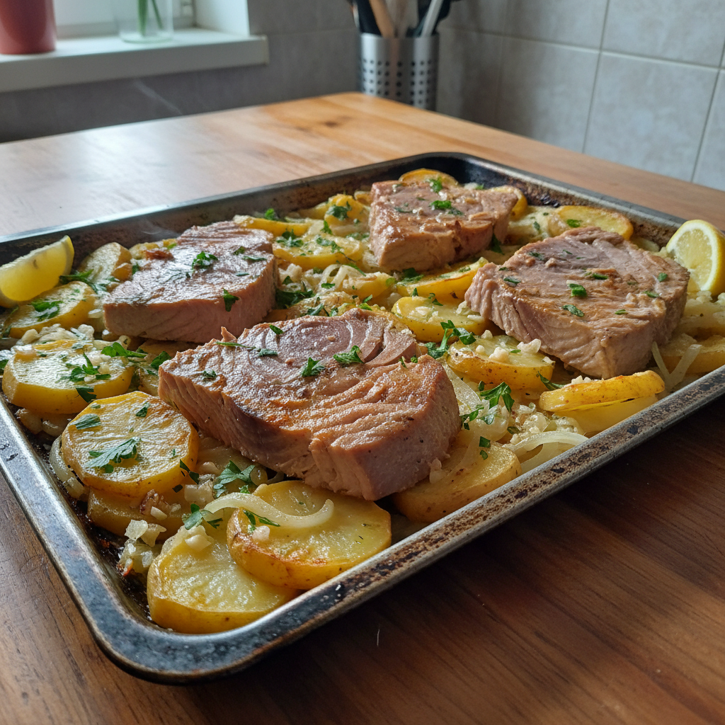 Tuna iz pećnice s krumpirom, maslinovim uljem i češnjakom