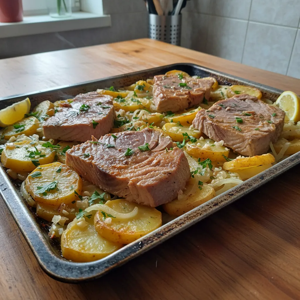 Tuna iz pećnice s krumpirom, maslinovim uljem i češnjakom
