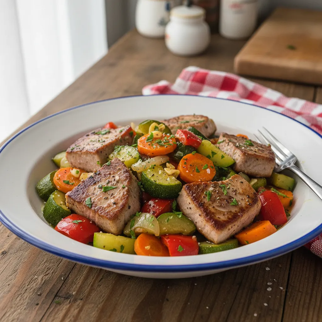 Tuna na tavi s povrćem, maslinovim uljem i češnjakom