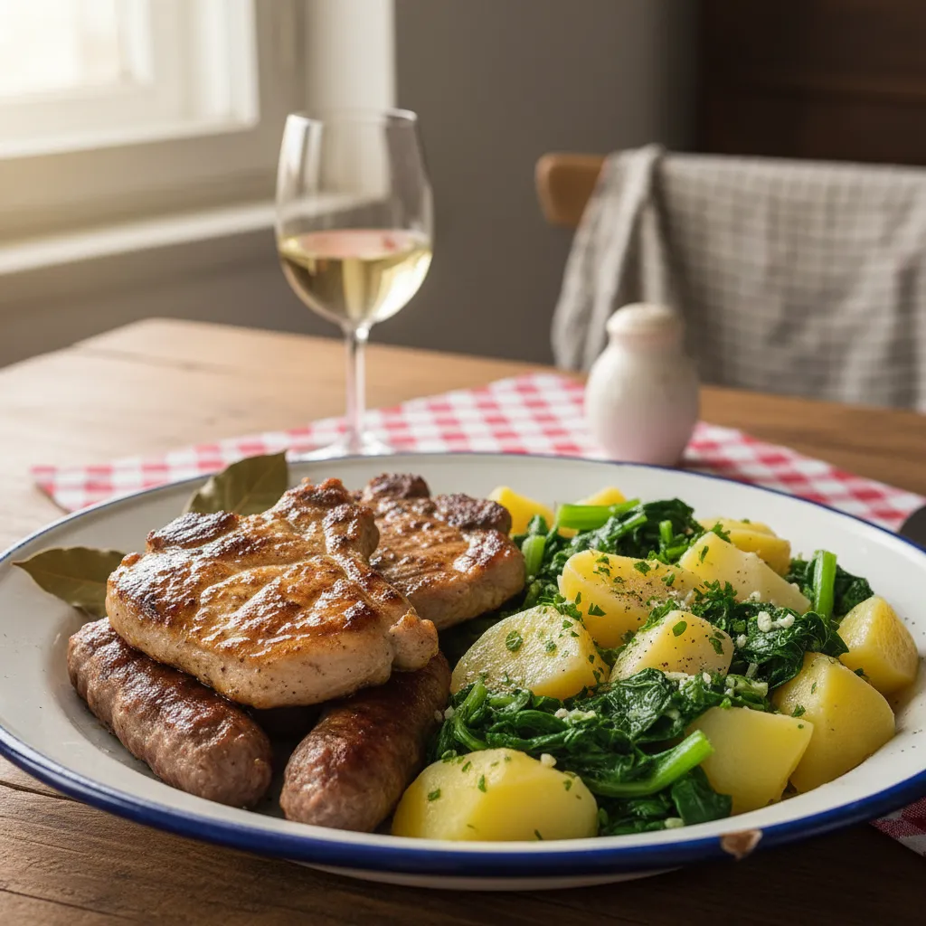 Miješani morski plodovi na žaru s blitvom, bijelim vinom i lovorom