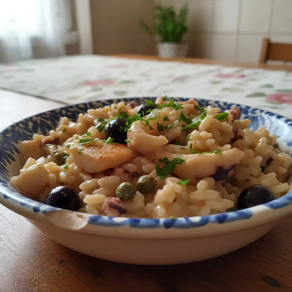 Rižoto s miješanom ribom, kaparima i maslinama
