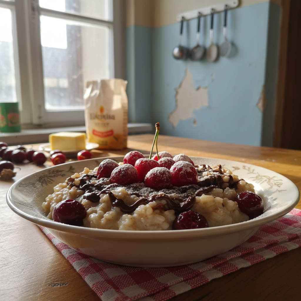 Riža na mlijeku s tamnom čokoladom i višnjama