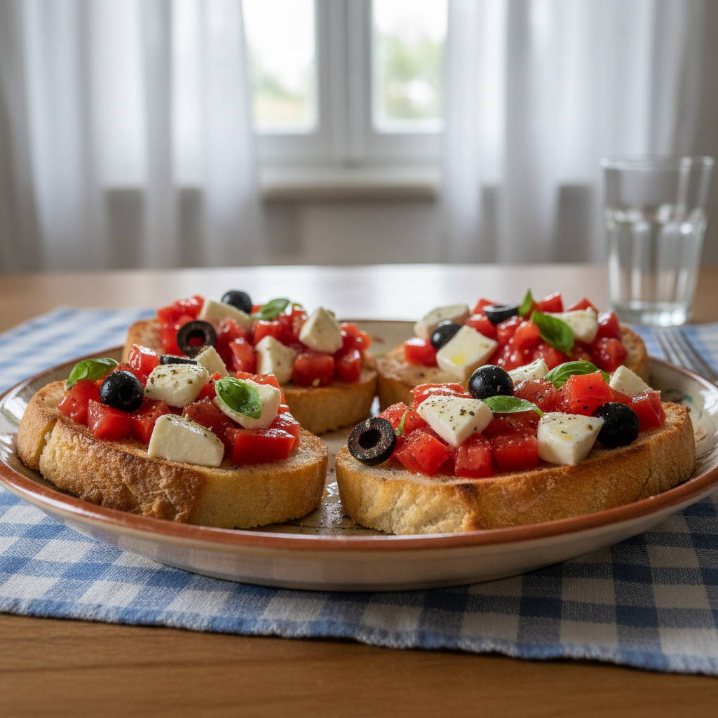 Bruschette s rajčicom, maslinama i mozzarellom