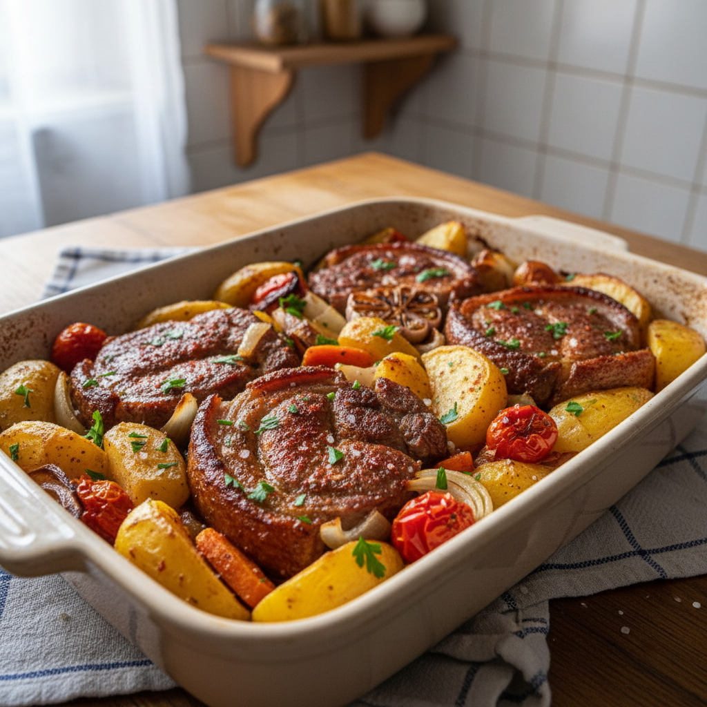 Svinjski vrat s krumpirom i lukom iz pećnice