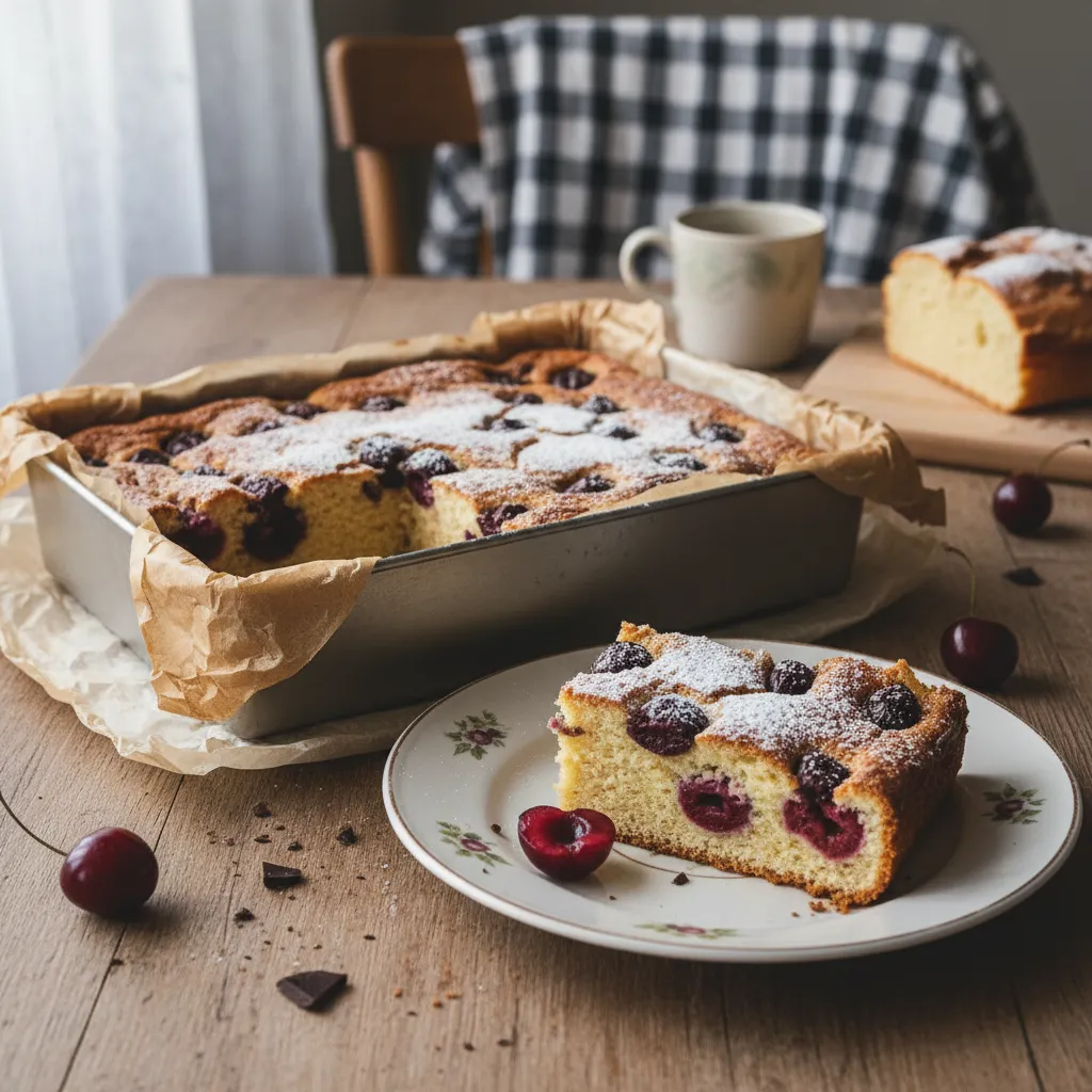 Biskvitni kolač s tamnom čokoladom i višnjama