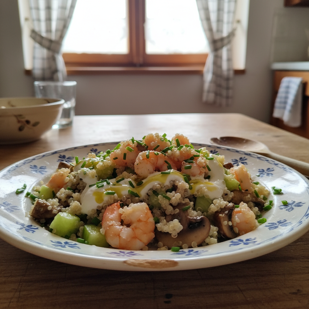 Salata s kozicama, kvinojom i gljivama