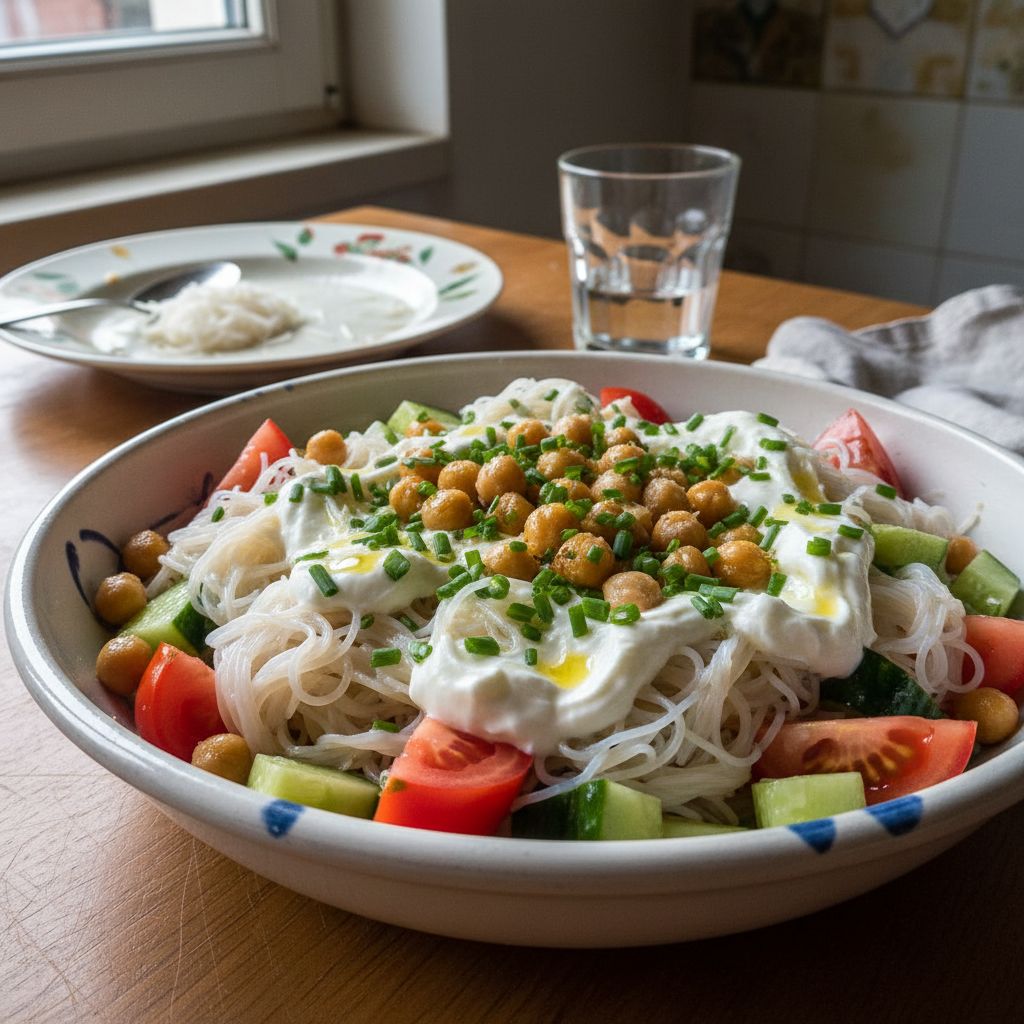 Salata s slanutkom, rižinim rezancima i rajčicama