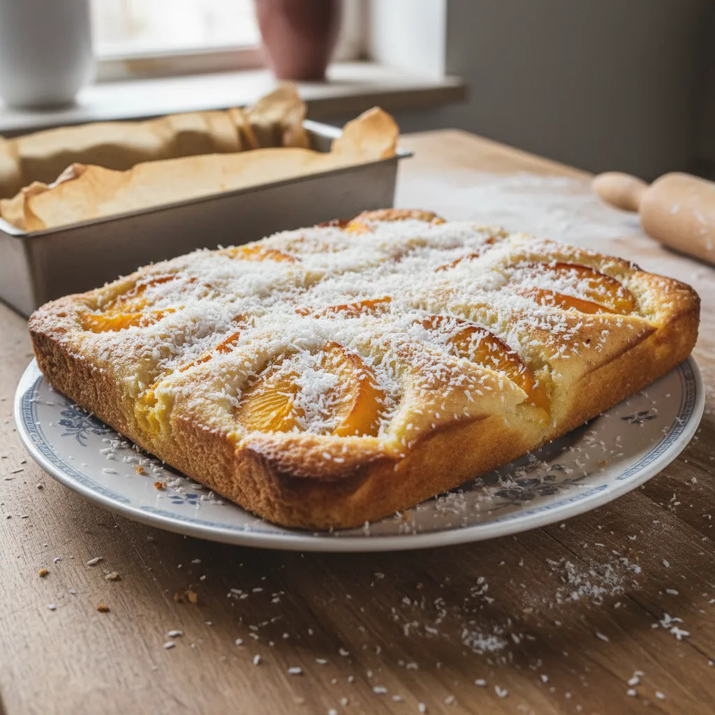 Puding kolač s breskvama i kokosom