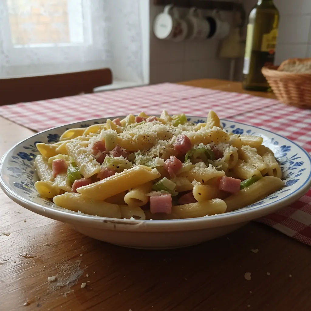 Kremasta tjestenina s porilukom i šunkom