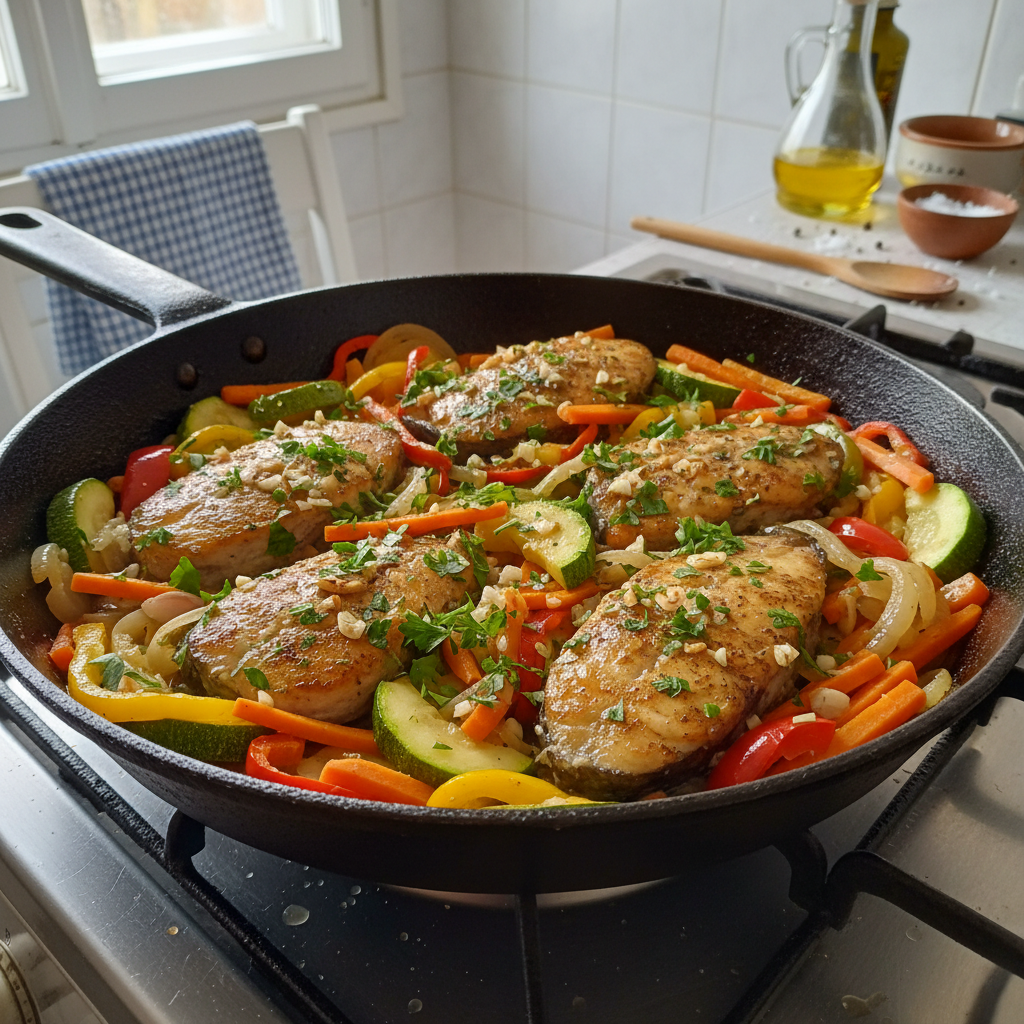 Som na tavi s povrćem, maslinovim uljem i češnjakom