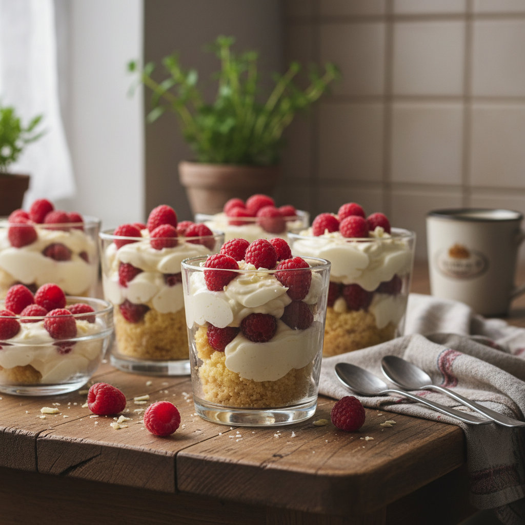 Kremasti desert u čaši s malinama i bijelom čokoladom